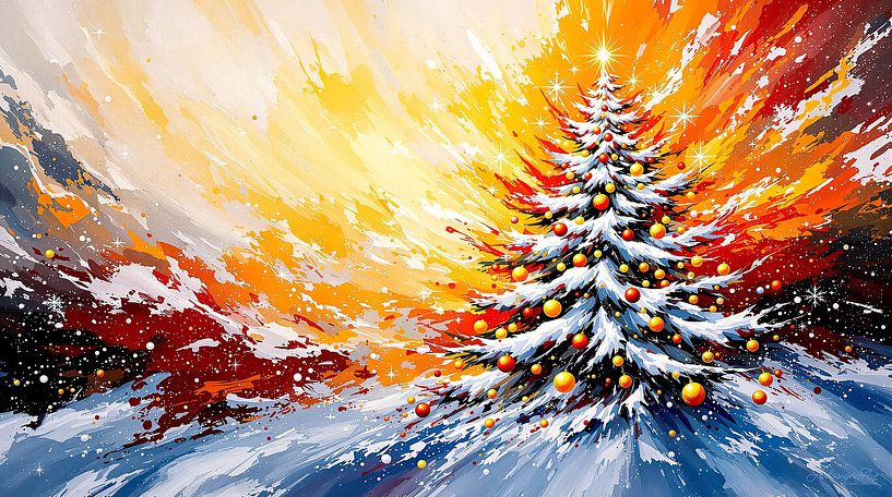 Sapin de Noël lumineux dans un ciel d'hiver : un sapin abstrait aux couleurs explosives sur une colline enneigée, parmi les étoiles scintillantes et les boules flottantes. par AidasignArt