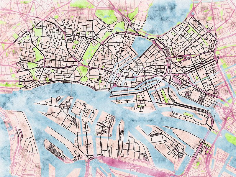 Carte de Hamburg centrum avec le style 'Soothing Spring' par Maporia