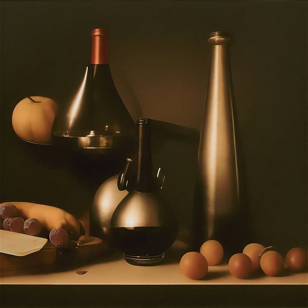 Surrealist still life with wine, fruit and cheese in front of a dark background by Roger VDB