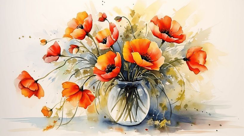 Still life with colourful poppies in a vase watercolour painting art design by Animaflora PicsStock