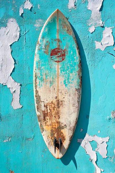 Vieille planche de surf sur un mur bleu par Poster Art Shop