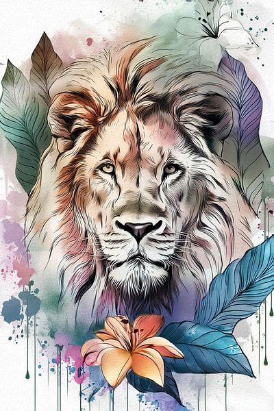 Lion head in lilac blue green orange and brown by Emiel de Lange