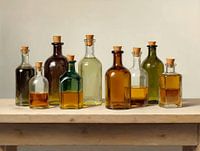 Classic apothecary bottles in warm tones - still life on wood