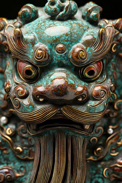 Green-blue Foo Dog sculpture close-up by Digitale Schilderijen
