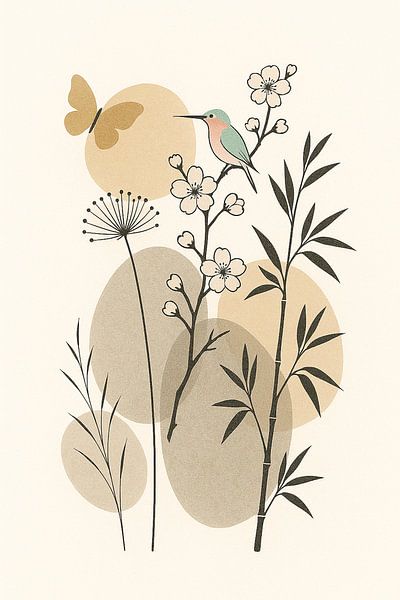 Kolibri und Kirschblüte Japandi von Claudia Gründler