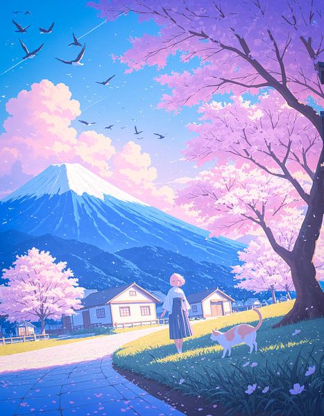 Anime Mädchen Pastell Lofi Kirschblüte Japan von Ruzerin
