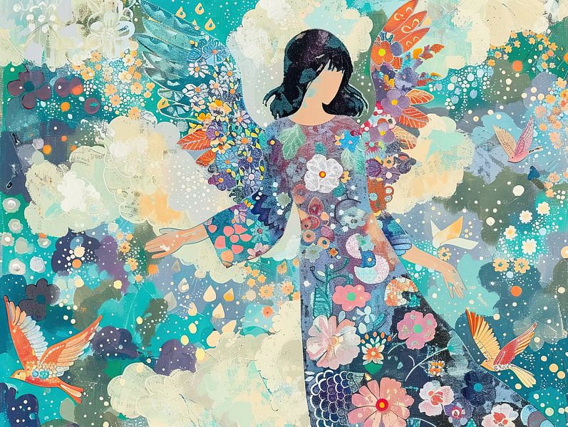 Bunte Frau mit Vögeln und Blumen von ARTEO Gemälde