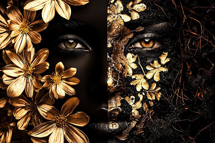 Goldene Blumen auf schwarzem Gesicht von Art & Soul Creations