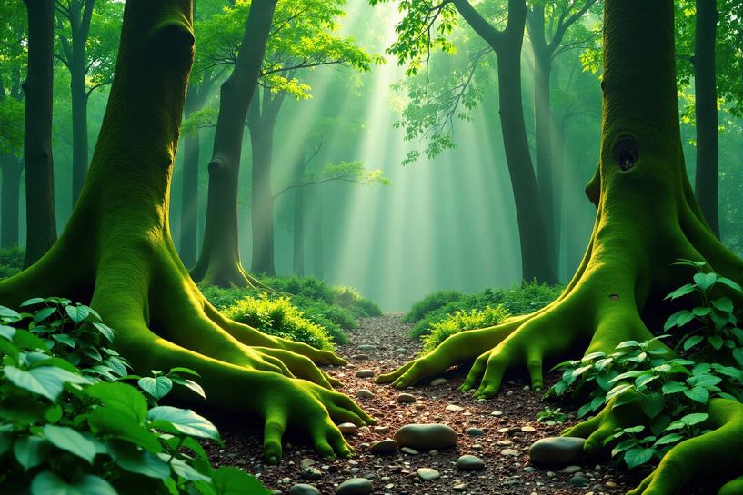 Moosbewachsene Baumwurzeln und Waldweg von Markus Gann