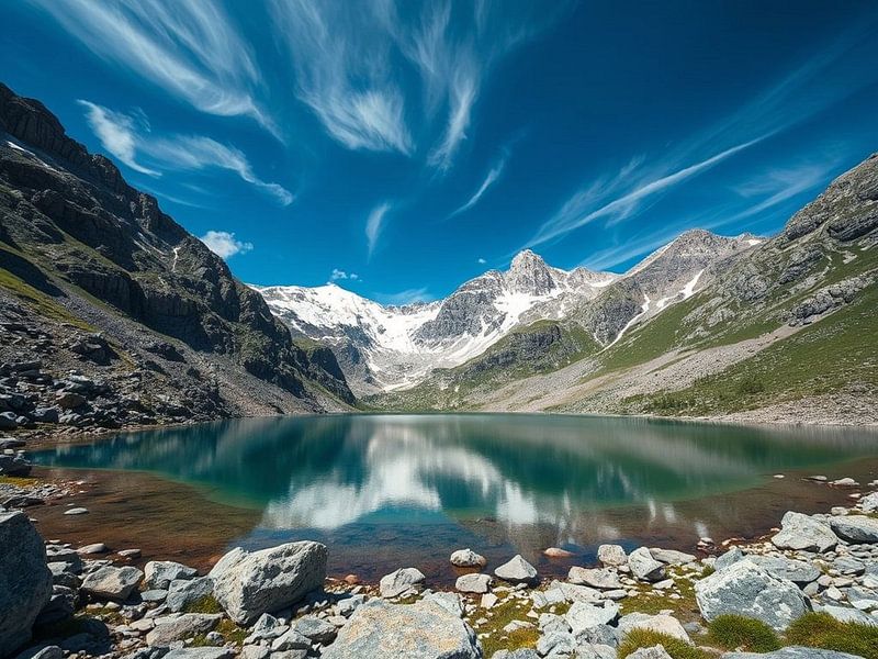 Ein ruhiger Alpensee unter majestätischen schneebedeckten Gipfeln und einem dramatischen Himmel von Artistic