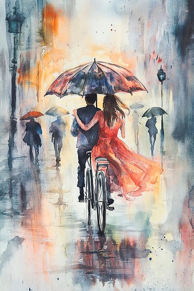 Pédaler en amoureux sous la pluie par Poster Art Shop