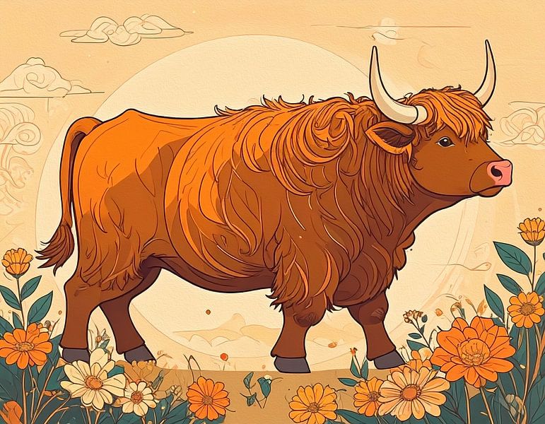 Schottischer Highlander farbige Zeichnung Sonne und Blumen von Emiel de Lange