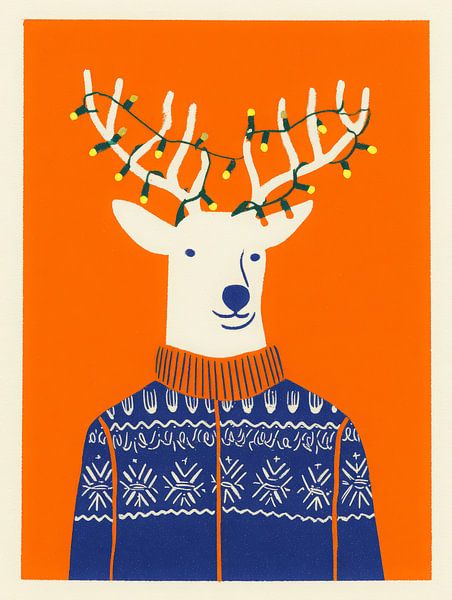 Festive reindeer with Christmas lights - cheerful modern winter illustration by But First Framing