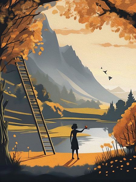 La dernière pomme - fille au bord d'un lac de montagne en automne par Emiel de Lange