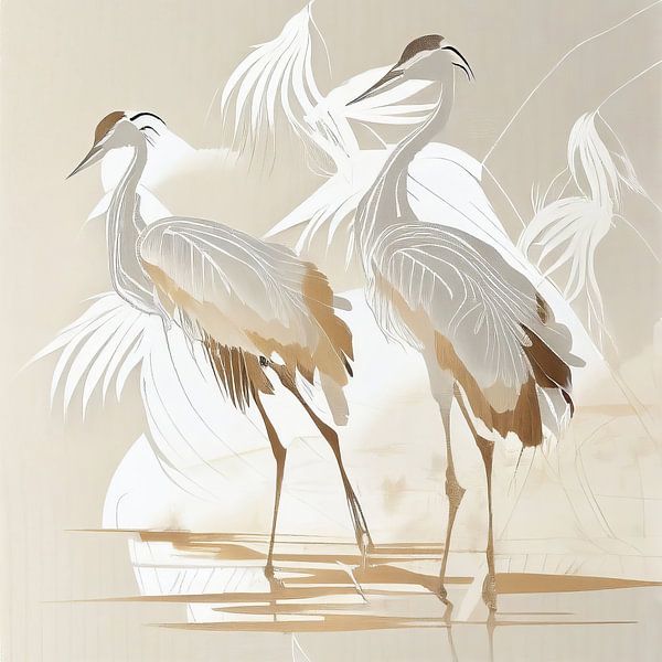 Cranes abstract beige &amp; white by Bianca ter Riet