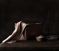 Old Antique rice bowl India with colored kelim cloth and candle