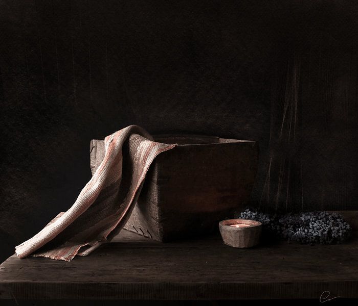 Old Antique rice bowl India with colored kelim cloth and candle by Anneke Herbers Muurdecoratie