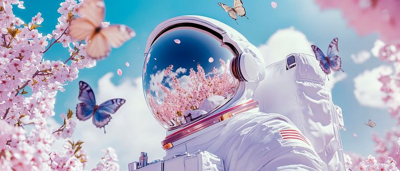 Astronaut mit Schmetterlingen im Blütenmeer von Poster Art Shop