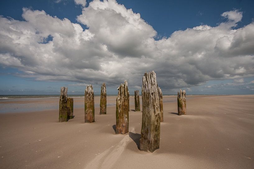 des poteaux sur la plage par Contrast inBeeld