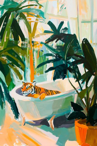 Tiger in Badewanne mit Pflanzen von Poster Art Shop