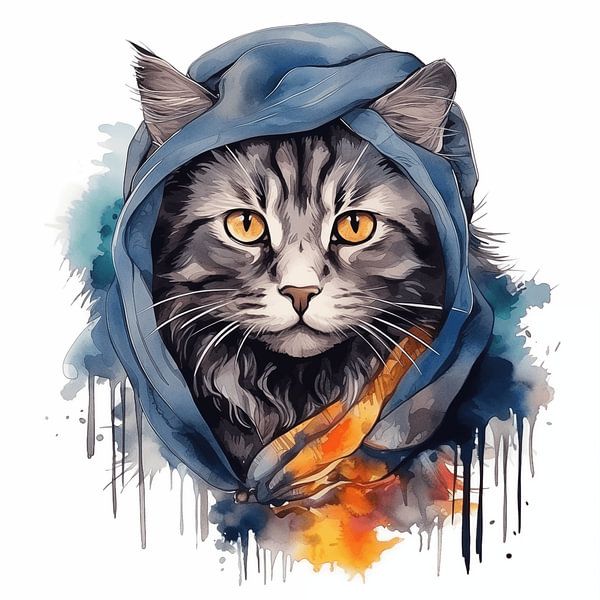 Portrait of a cat painted in watercolour with a colourful headscarf on a white background by Animaflora PicsStock