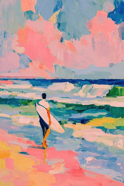 Surfeur sur la plage dans un ciel pastel par Niklas Maximilian