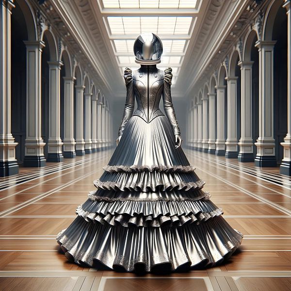 Woman with Metal Ball Gown and Futuristic Helmet by Basahen