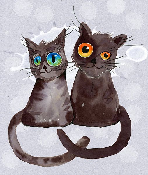 Deux chats gris foncé aquarelle par Bianca Wisseloo