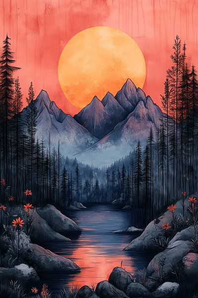 Coucher de soleil dans la vallée de la montagne par Studio BB