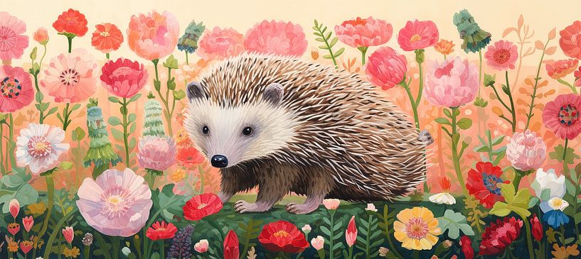 Hedgehog in Sea of Flowers | Hedgehog Nature Painting by Wonderful Art