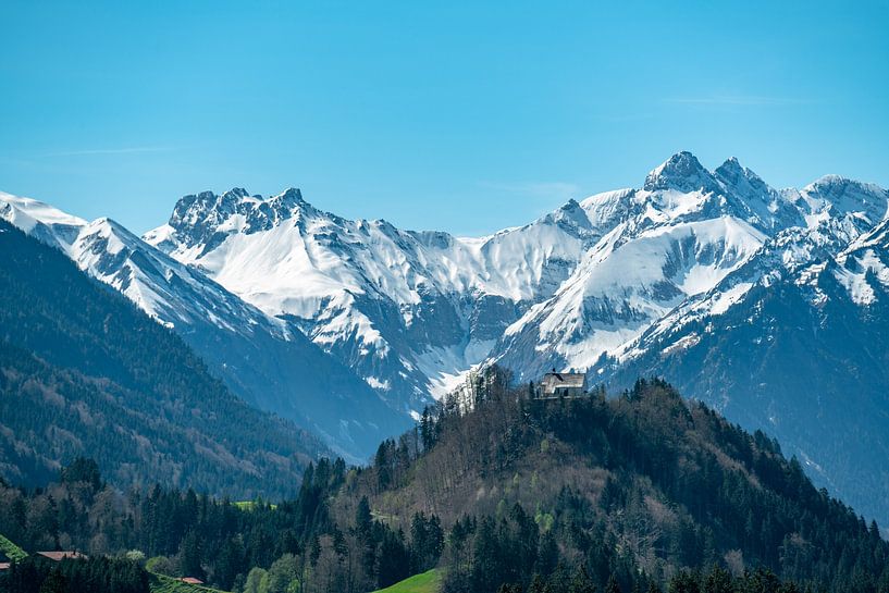 Allgäuer Hochalpen aus dem Frühlingshaften Tal mit Burgkirche von Leo Schindzielorz