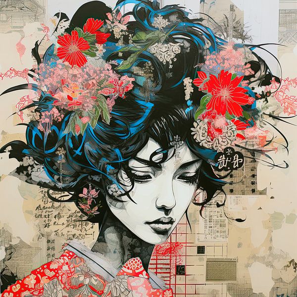 Frauenporträt Blumen Collage Japanisch von Vlindertuin-Art