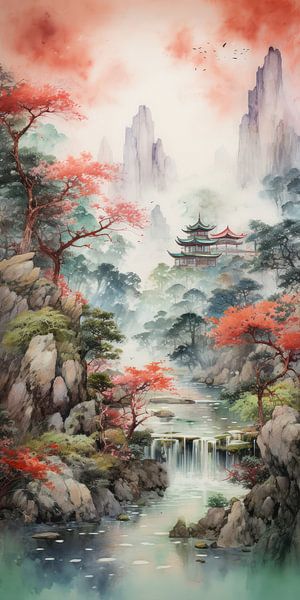 Sehr schöne schöne Landschaft mit Wasser und Bergen im asiatischen Stil von Art Bizarre