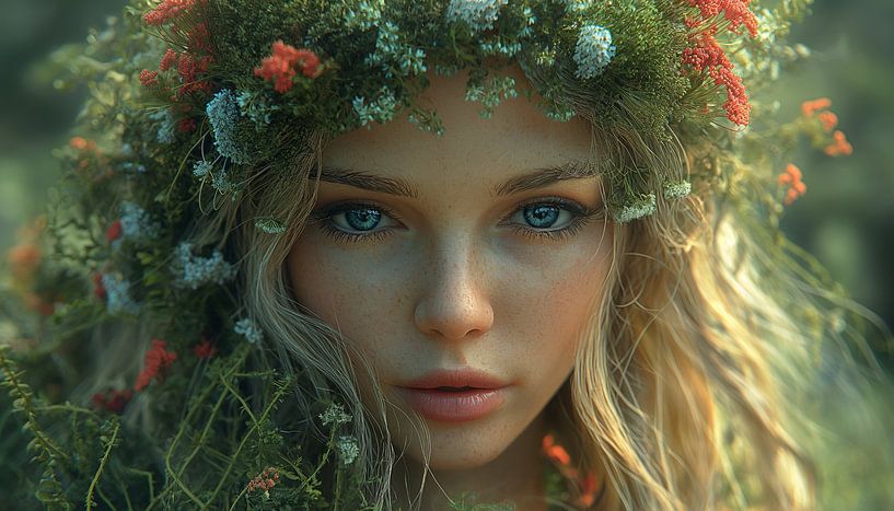 Waldelfe mit blumenübersätem Haarkranz von artefacti