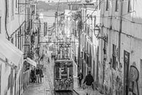 Tram is Lisbon, photographie de rue en noir et blanc