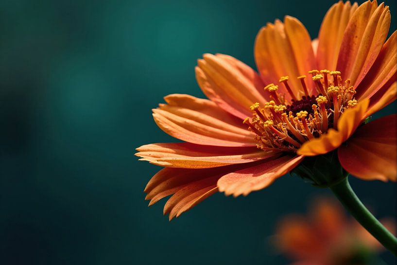 Orange Flower with Stamens Against Teal Background by Markus Gann