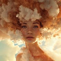 Hyperrealistisches digitales Kunstwerk einer gelassenen Frau mit Wolkenhaar, verträumtem Blick und sanften Tönen - perfekt für Ruhe in jedem Raum.
