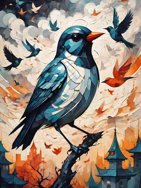 Abstrakter Vogel in lebendiger Stadtlandschaft von Bart Veeken