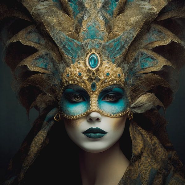 Porträt einer Frau mit türkisfarbener Goldmaske von Vlindertuin-Art