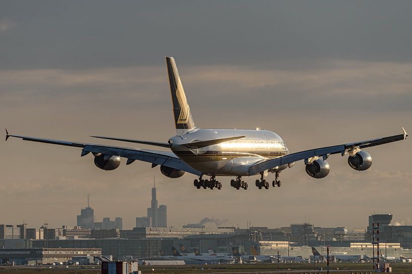 Airbus A380 with Frankfurt skyline in the background. by Jaap van den Berg