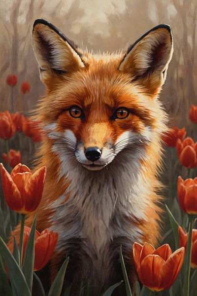 Herbstfuchs zwischen blühenden Tulpen von Art & Soul Creations