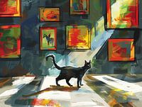 Schwarze Katze in der Bibliothek - umherirrend in der Ausstellungshalle