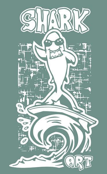Surfing Shark - stencil illustration in blue and white by Emiel de Lange