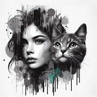 Frau mit Katze Pop Art Stil Schwarz Weiß Monochrom