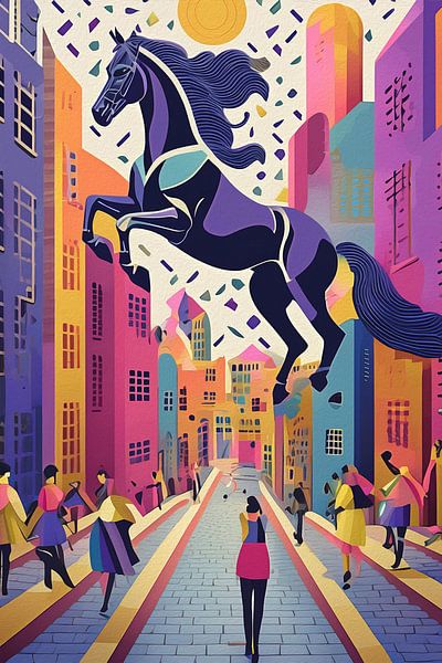 Œuvre d'art fantastique colorée grand cheval en ville par Emiel de Lange