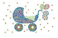 Digitale Kunst im Stil des Pointillismus KINDERKARRIERE MIT BALLONS in den Farben blau, grün, rot und gelb