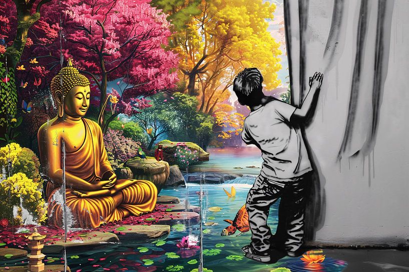 Un garçon rencontre Bouddha dans une scène colorée par Art & Soul Creations