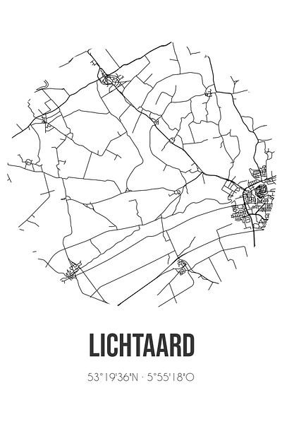 Lichtaard (Fryslan) | Karte | Schwarz und weiß von Ortsdrucke