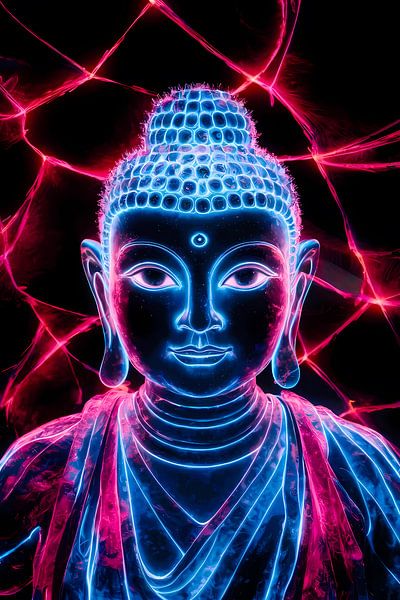 Futuristischer Neon-Buddha mit Lichtern von Art & Soul Creations