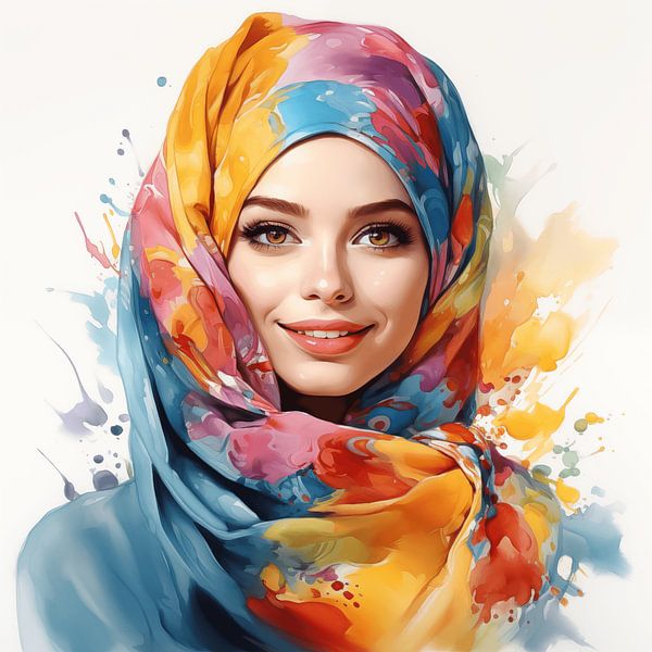 Portrait of a smiling Muslim woman with colourful headscarf Watercolour art design by Animaflora PicsStock